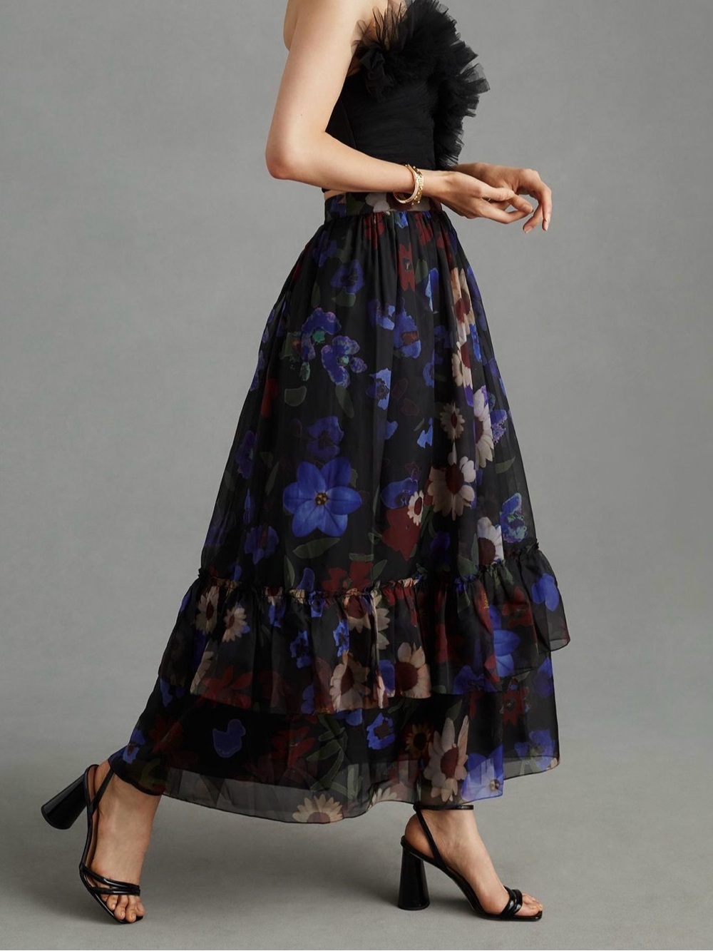 Geisha Designs ruffle, floral midi black skirt